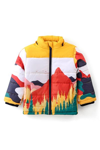 Babyhug Babyhug Full Sleeves  Padded Jacket with Detachable Hood Mountain Print - Multicolor
