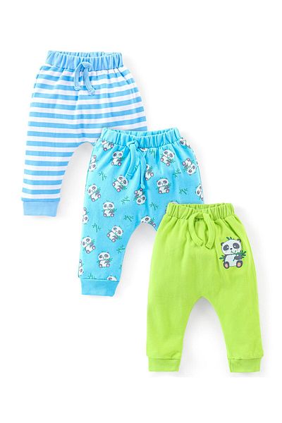 Babyhug Cotton Full Length Diaper Pants Stripes & Panda Print Pack of 3- Blue & Green