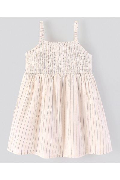 Bonfino Bonfino 90% Cotton 8% Viscose 2% Mettalised Fibre Singlet Frock With Lurex Stripes - OffWhite