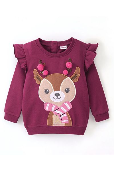 Babyhug سويت شيرت من القطن بأكمام طويلة من Babyhug مع تطريز من فرو الرنة وتفاصيل الكشكشة - عنابي