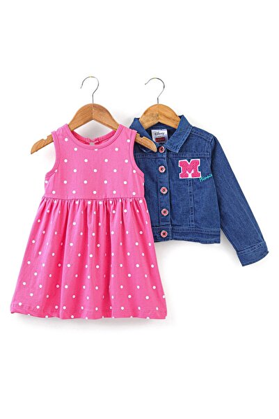 Babyhug 100% Cotton Frock Full Sleeve Denim Jacket Polka Dots Print & Minnie Mouse -Pink & Blue