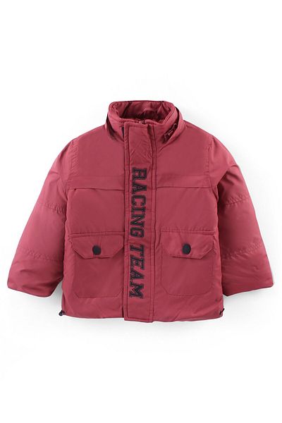 Babyhug Babyhug Woven Full Sleeves Solid Jacket with Detachable Hood & Text Print - Rust