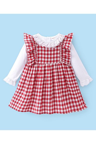 Babyhug فستان من القطن المحبوك من Babyhug مع قميص داخلي - أحمر وأبيض