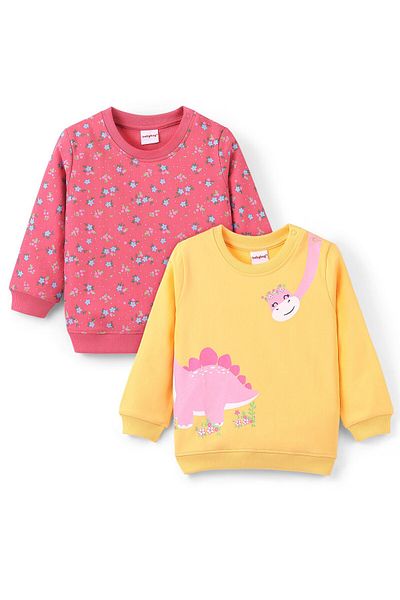 Babyhug Babyhug Cotton Knit Full Sleeves Floral & Dino Graphics Sweatshirts Pack of 2 - Pink & Yellow