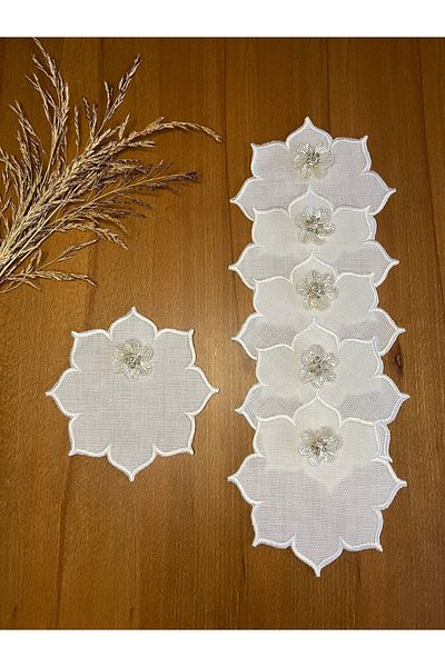 Smiling Home 6 Pieces of Linen Ecru Color Stylish Orchid Star Patterned Cocktail Presentation Napkin
