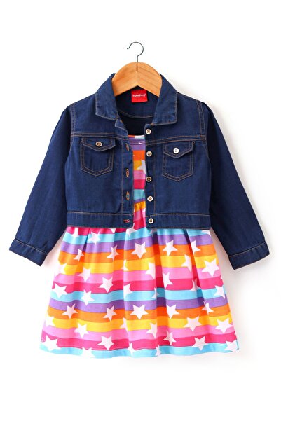 Babyhug 100% Cotton Knit Frock With Full Sleeves Denim Jacket Star Print- Multicolour