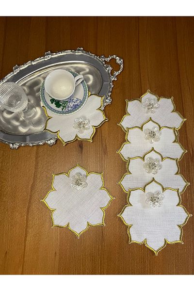 Smiling Home 6 bucăți de in, culoare aurie, șervețele de prezentare pentru cocktail cu model de stea cu orhidee