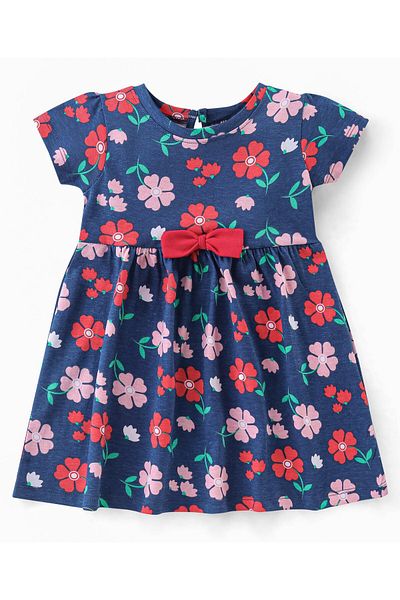 Babyhug Babyhug Cotton Jersey Knit Half Sleeves Frock & Bloomer With Floral Print & Bow Applique - Navy Blue