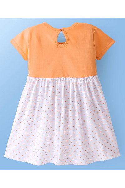 Babyhug Babyhug 100% Cotton Knit Half Sleeves Frock With Paris Print - Orange & White