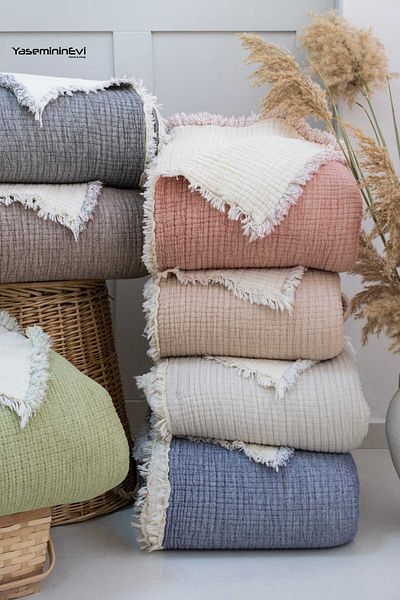 YASEMİNİNEVİ Double Stone Color 6 Layer Muslin Quilt, Bedspread 220X240Cm