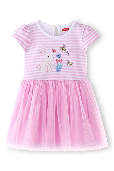 Babyhug Babyhug 100% Cotton Knit Half Sleeves Frock Rabbit Embroidery - Pink