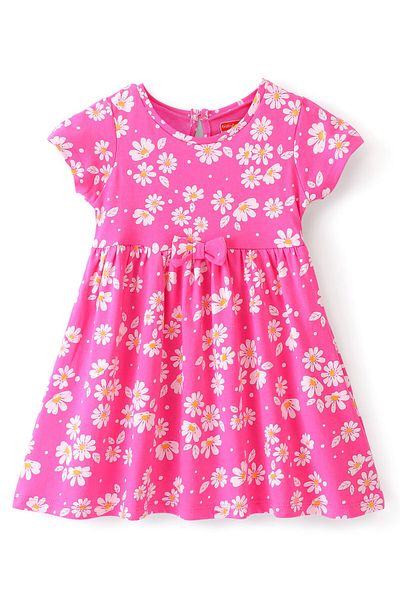 Babyhug Babyhug Cotton Knit Half Sleeves Floral Print Frock with Bow Applique - Pink