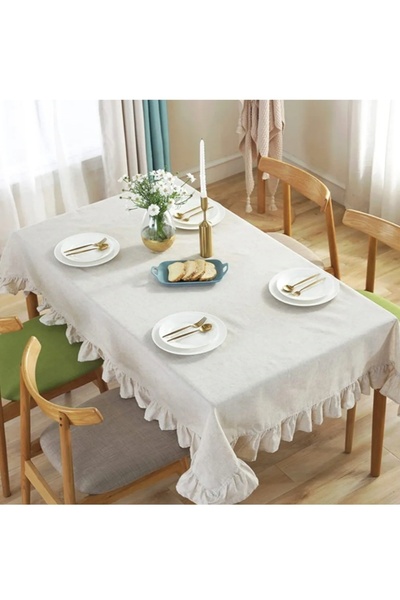 HOME ART ATELIER hand made Fırfırlı Naturel Vintage Masa Örtüsü - Soft Keten Seri Masa Örtüsü- Çeyizlik