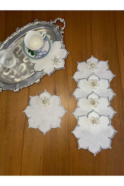 Smiling Home 6 bucăți de in, culoare argintie, șervețele de prezentare pentru cocktail cu model de stea cu orhidee