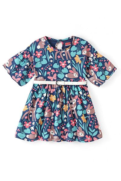 Babyhug Babyhug 100% Cotton Knit Half Sleeves Frock With Belt Deer & Bunny Print - Navy Blue