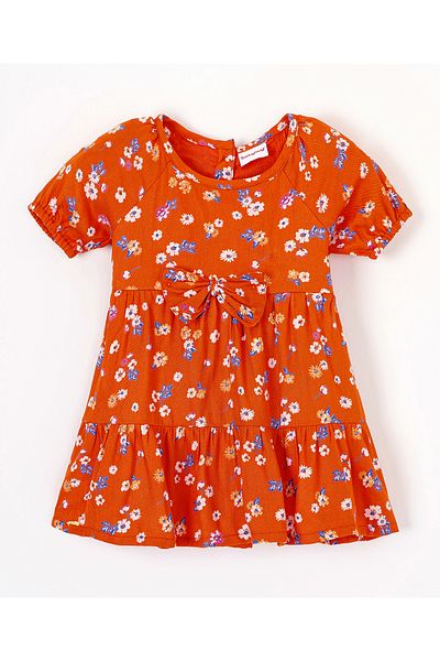 Babyhug Babyhug Half Sleeves 100% Rayon Twill Frock Floral Print - Orange