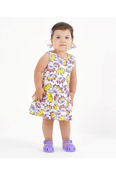 Bonfino Bonfino 100% Cotton Sleeveless Frock Umbrella Print - Off White Pink & Yellow
