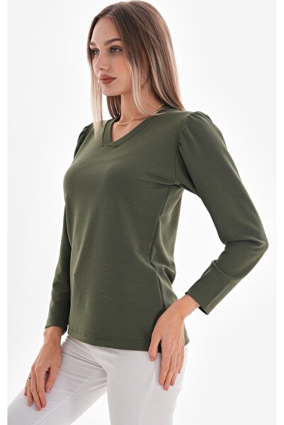 DEVRİMAY TEKSTİL Γυναικεία μπλούζα κρεπ από λύκρα με λαιμόκοψη χακί