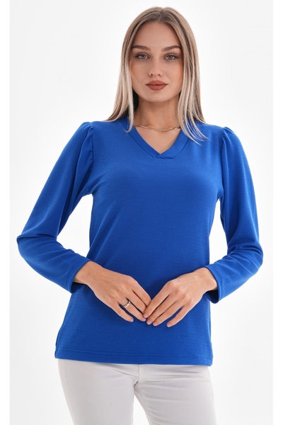 DEVRİMAY TEKSTİL Γυναικεία μπλούζα Saks Patch V-Neck Lycra Crepe