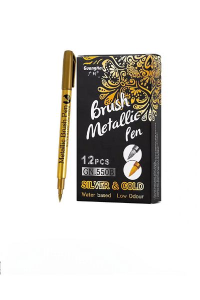 ART PROFFESİONAL 12 Pack 6+6 Gold and Silver Marker Pen Set - Metallic Brush Nib
