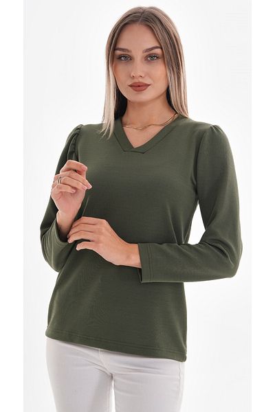 DEVRİMAY TEKSTİL Women's Khaki Placket V-Neck Lycra Crepe Blouse