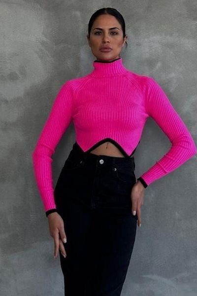 bayansepeti Tricoturi fucsia Pulover Crop cu gât țesut 0329