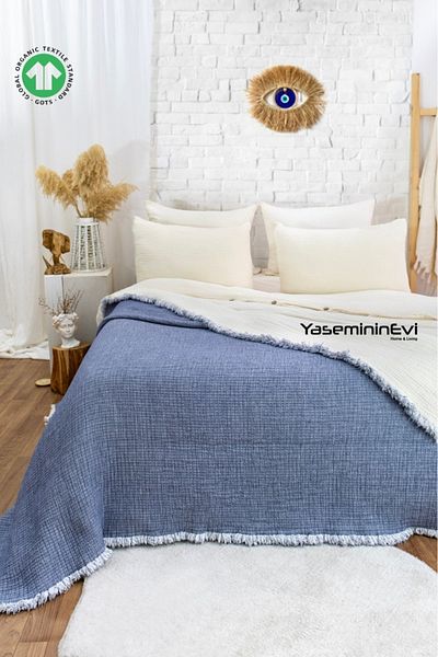 YASEMİNİNEVİ Πάπλωμα μουσελίνας μονό Indigo Color 6 στρώσεων, Κάλυμμα κρεβατιού 170x230cm