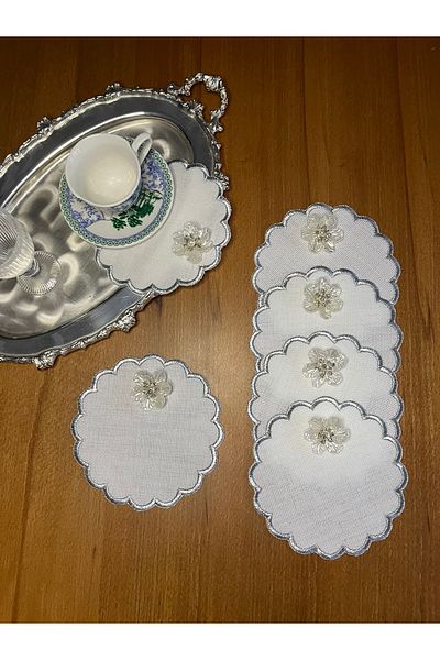 Smiling Home 6 bucăți de in culoare argintie șervețele de prezentare pentru cocktail cu modele de orhidee și margarete