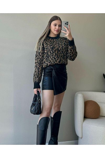 Triko Gözay Group Leopard Patterned Bearded Sweater
