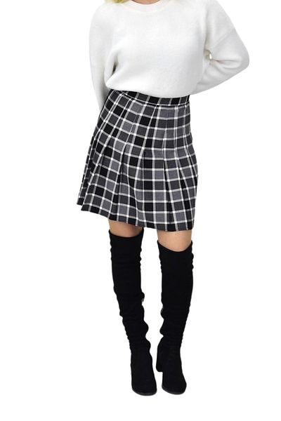 BAGLAN Women's Plaid College Skirt Black Gray Bgl-St04156
