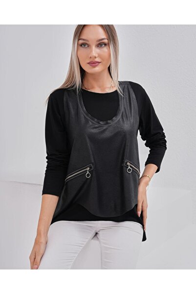 NUR TEKSTİL kadın  siya viskon pamuklu cep fermuarlı  Uzun Kol  Tişört Ve Der...