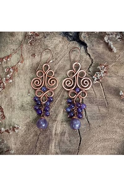 MODA Handmade Copper Wire Wrapped Amethyst Stone Earrings