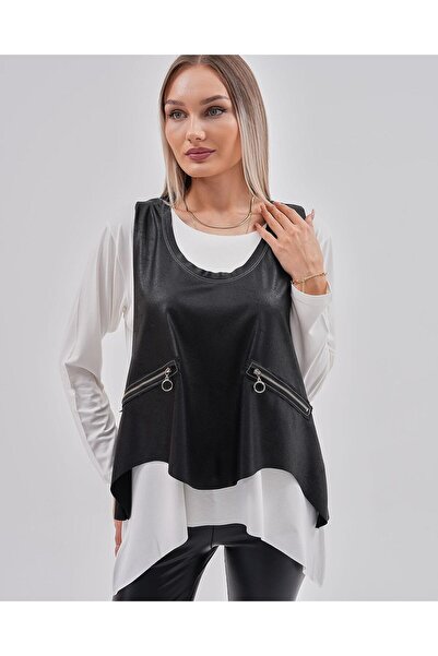 NUR TEKSTİL kadın  beyaz viskon pamuklu cep fermuarlı  Uzun Kol  Tişört Ve De...