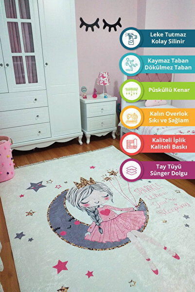 VOPTEKS Gri Pembe Çocuk Halısı Makinede Yıkanabilir Kaymaz Taban Kız Çocuk Odası Halısı