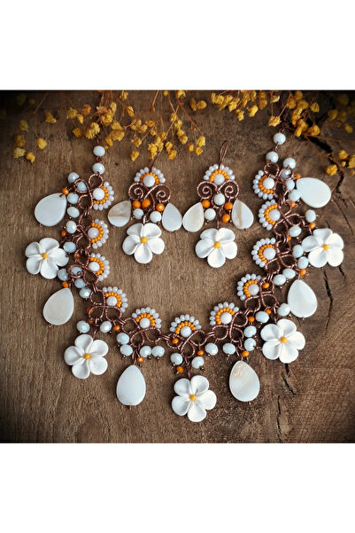 MODA El yapımı bakır tel sarma- fimo çiçek kolye küpe