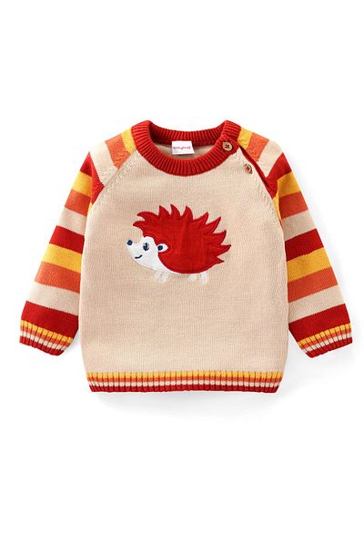 Babyhug Organik Pamuklu Örme Raglan Uzun Kollu çizgili Kazak Seti ve Şapka Porcupine Yama-Bej ve Pas