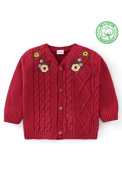 Babyhug Organik Pamuklu Örme Uzun Kollu Önü Açık çiçek Desenli Kazak - Kırmızı