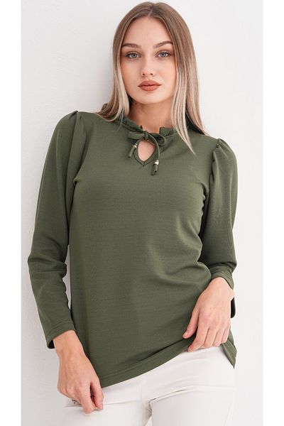 DEVRİMAY TEKSTİL Women's Khaki Neck Ruffled Lycra Crepe Blouse
