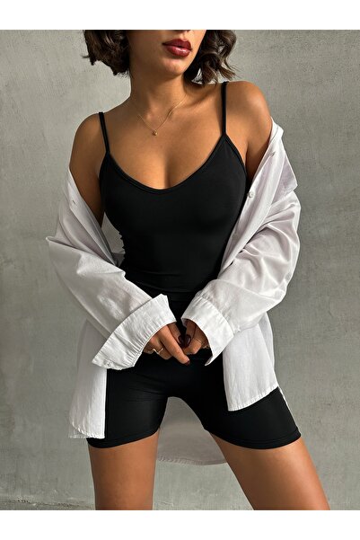 The Base Women's Black Rope Strap Front and Back V-Neck Detailed Sports Jumpsuit