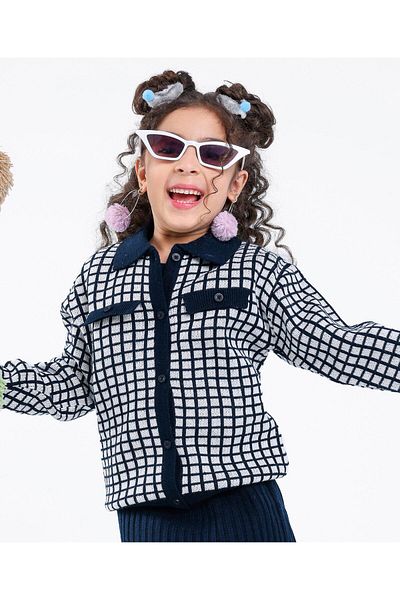 Pine kids Kareli Baskılı Uzun Kollu Kazak - Lacivert ve Beyaz