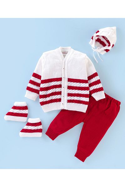 Babyhug طقم سويت شيرت أكريليك بأكمام طويلة مخطط - أحمر وأبيض