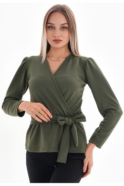 DEVRİMAY TEKSTİL Women's Khaki Waist Belted Double Breasted Lapel Lycra Crepe Blouse