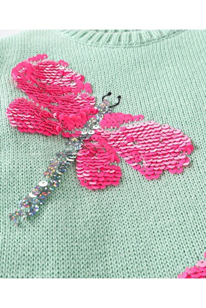 Babyhug Babyhug Knitted Full Sleeves Sweater with Sequin Dragonfly Detailing - Mint