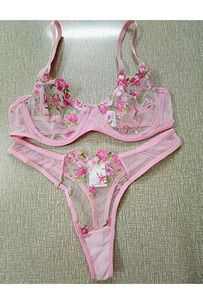 Butik Çiçek desenli iç çamaşırı seti,düşen bel hipster külotu,göğüs pedsiz,ka...