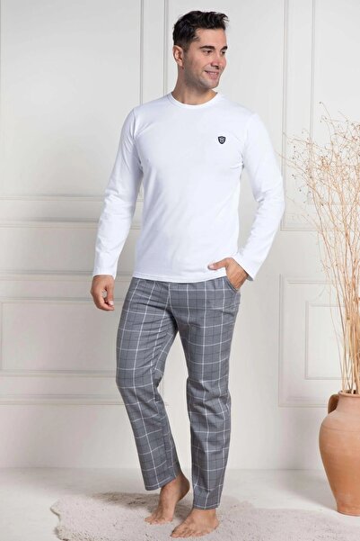 Mecit Pijama Білий піжамний комплект для чоловіків з картатим візерунком - сезонний, бавовняний, з коміром-стійкою, довгими рукавами