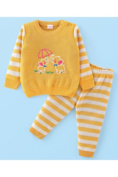 Babyhug طقم سويت شيرت بأكمام كاملة من نسيج أكريليك 100% مع تطريز على شكل فيل - أصفر