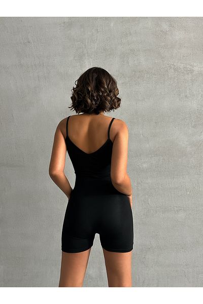 The Base Women's Black Rope Strap Front and Back V-Neck Detailed Sports Jumpsuit