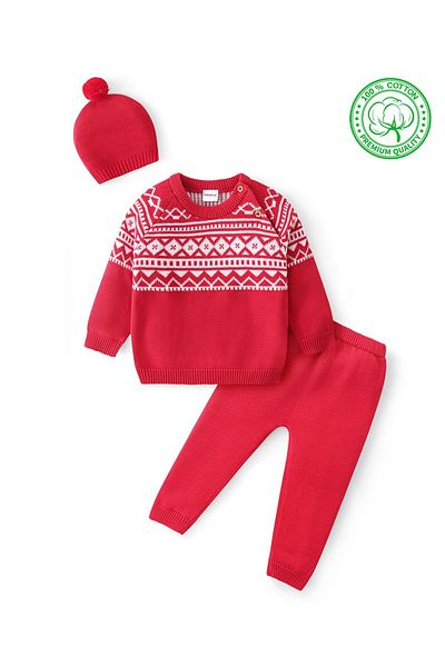 Babyhug Cotton Knit Full Raglan Sleeves Sweater Set with Cap Aztec Design - Red