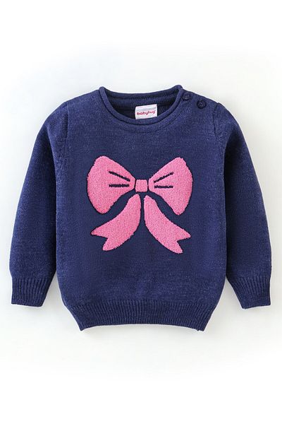 Babyhug سترة Babyhug Knit بأكمام كاملة وتصميم فيونكة - أزرق داكن ووردي