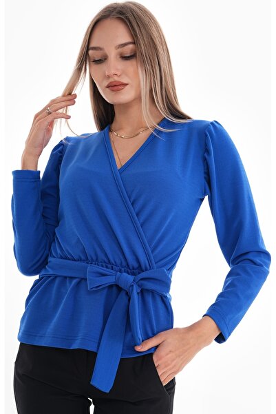 DEVRİMAY TEKSTİL Bluză din crepon din lycra cu guler dublu cu centură în talie Saks pentru femei